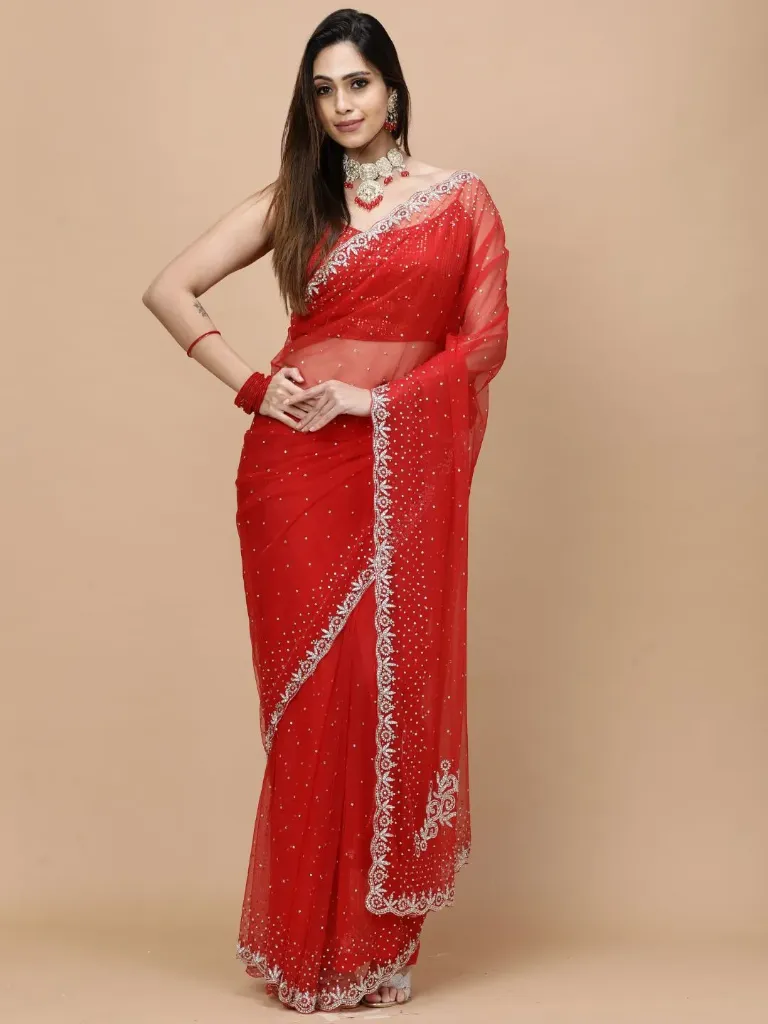 [VC26-NISA-D08-03] Vervee Couture Classic Red Net Saree | Nisa