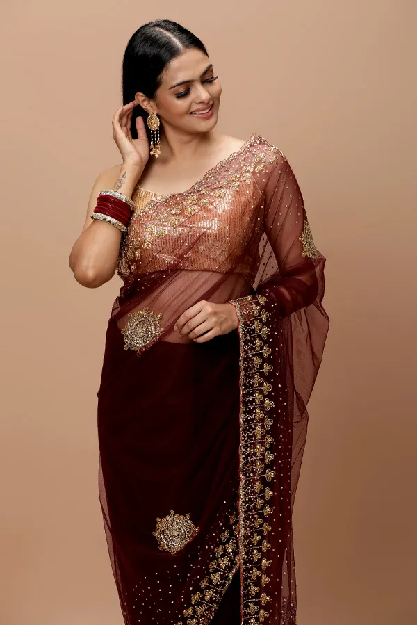[VC26-IKRAR-D07-02] Vervee Couture Rich Maroon Wine Net Saree | Ikrar