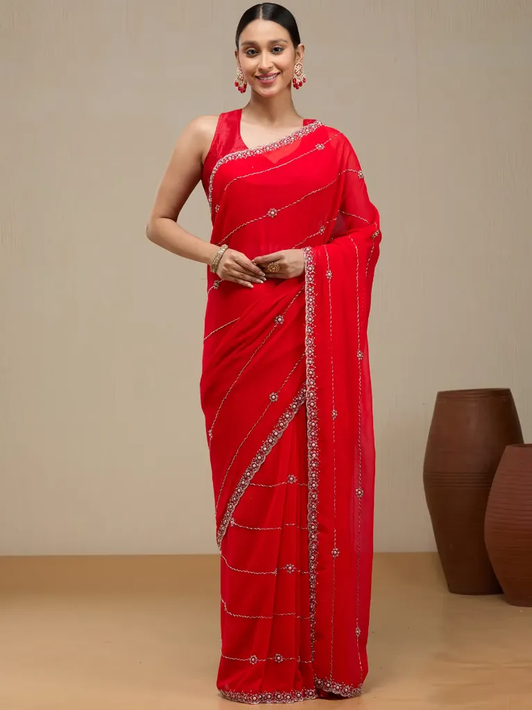 Vervee Couture Classic Red Georgette Saree | Zeya