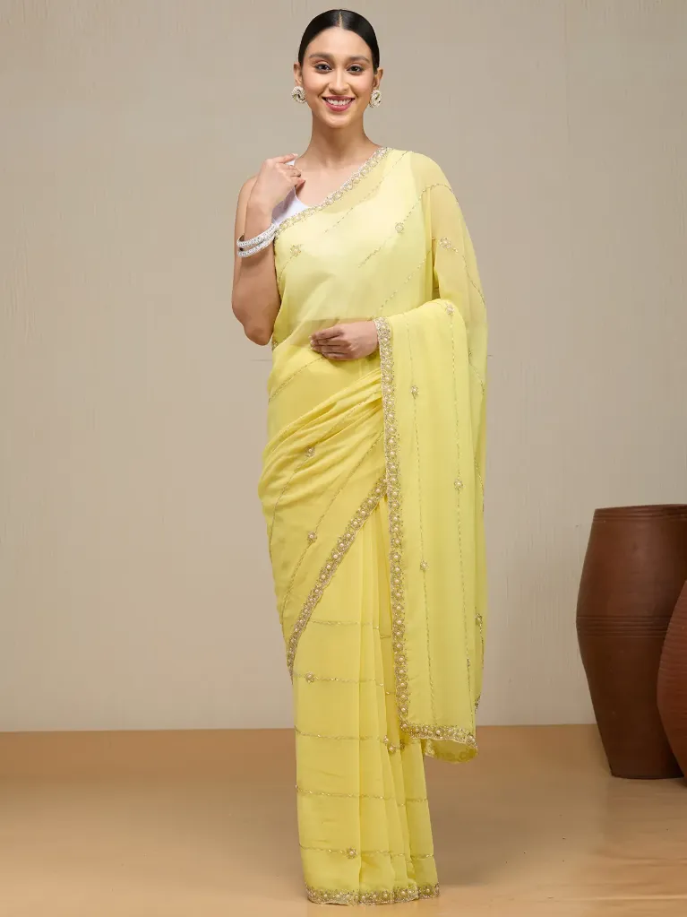 [VC26-ZEYA-D28-06] Vervee Couture Soft Pastel Yellow Georgette Saree | Zeya