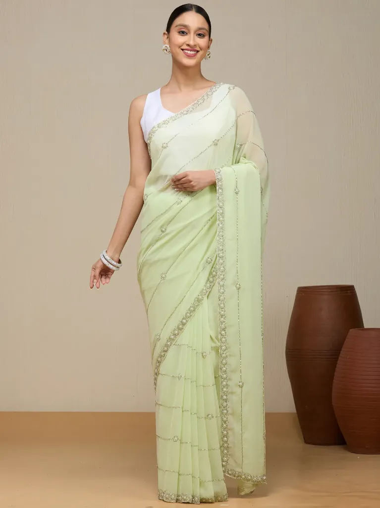 Vervee Couture Soft Pastel Green Georgette Saree | Zeya