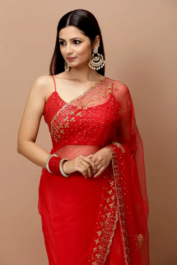 [VC26-IKRAR-D07-05] Vervee Couture Classic Red Net Saree | Ikrar