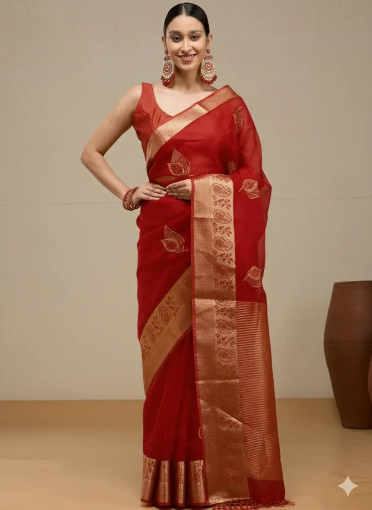 Vervee Couture Deep Red Silk Cotton Saree | Anvi Vervee
