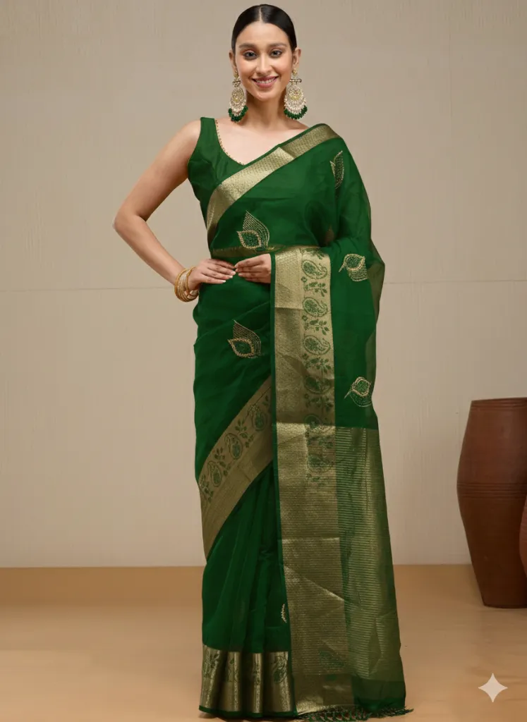 [VC26-ANVI-D63-02] Vervee Couture Dark Bottle Green Silk Cotton Saree | Anvi