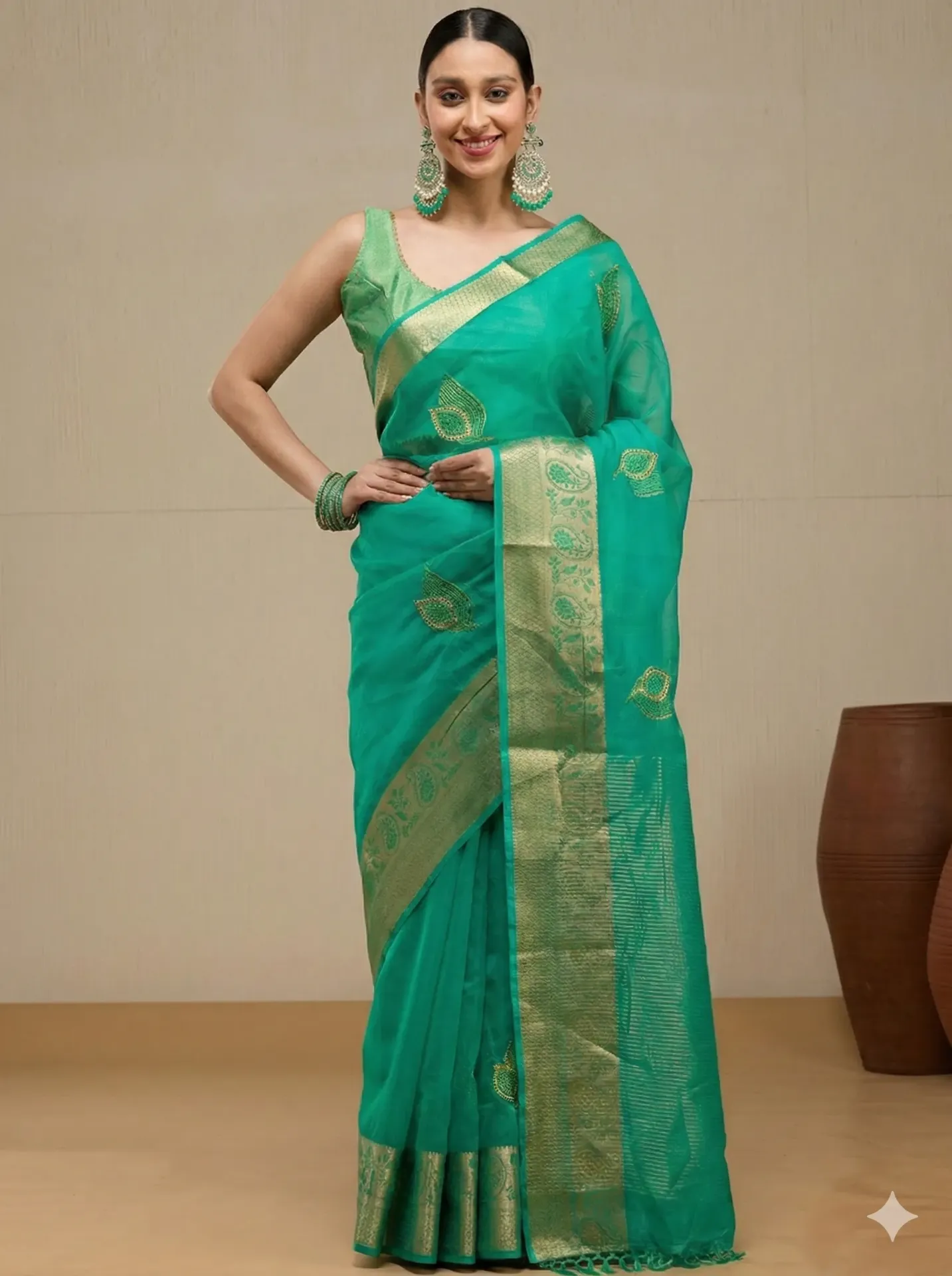 [VC26-ANVI-D63-03] Vervee Couture Emerald Green Silk Cotton Saree | Anvi