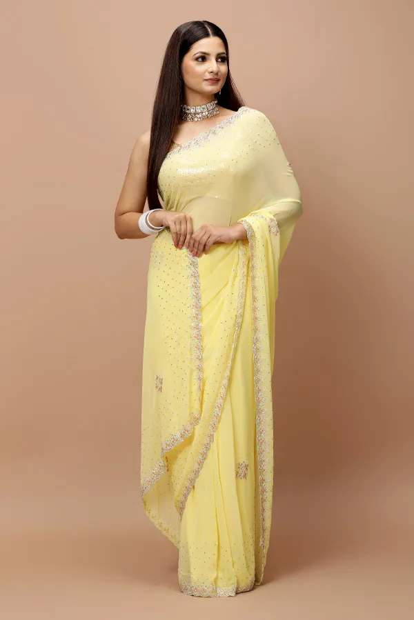 [VC26-IZAR-D05-02] Vervee Couture Soft Pastel Yellow Georgette Saree | Izar
