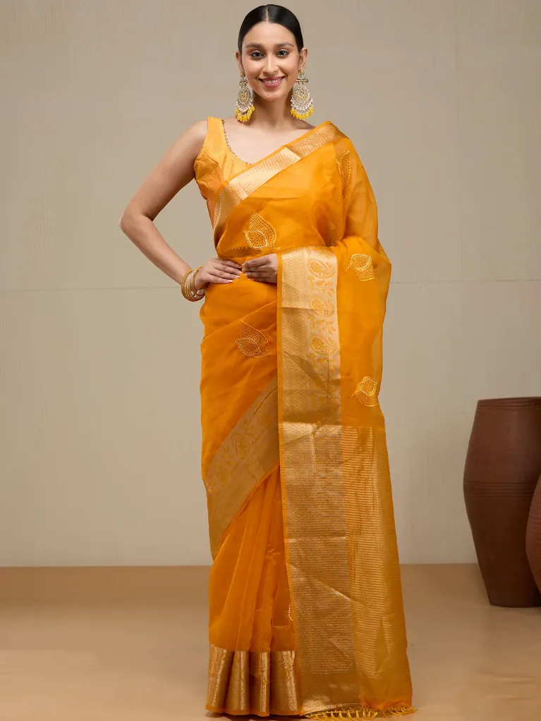 [VC26-ANVI-D63-04] Vervee Couture Mustrad Yellow Silk Cotton Saree | Anvi