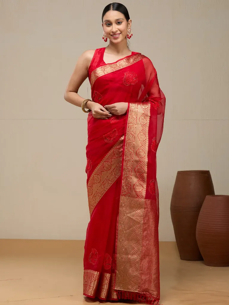 [VC26-ARVI-D65-01] Vervee Couture Deep Red Silk Cotton Saree | Arvi