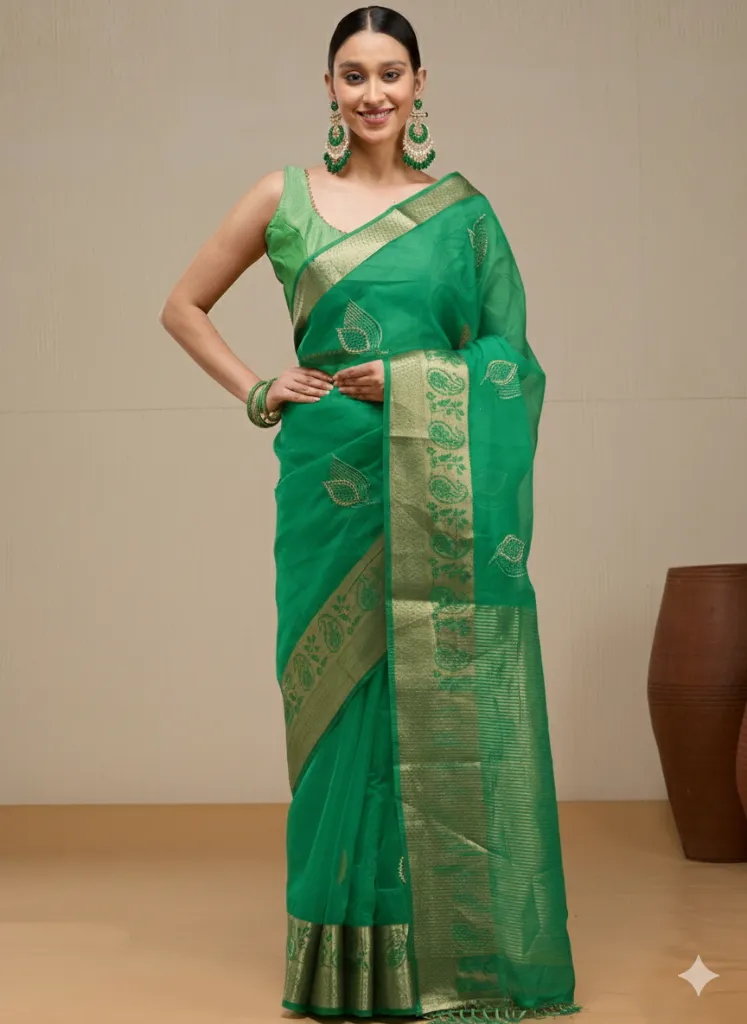 [VC26-ARVI-D65-03] Vervee Couture Emerald Green Silk Cotton Saree | Arvi