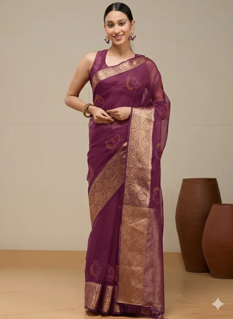 [VC26-ARVI-D65-04] Vervee Couture Wine Plum Purple Silk Cotton Saree | Arvi