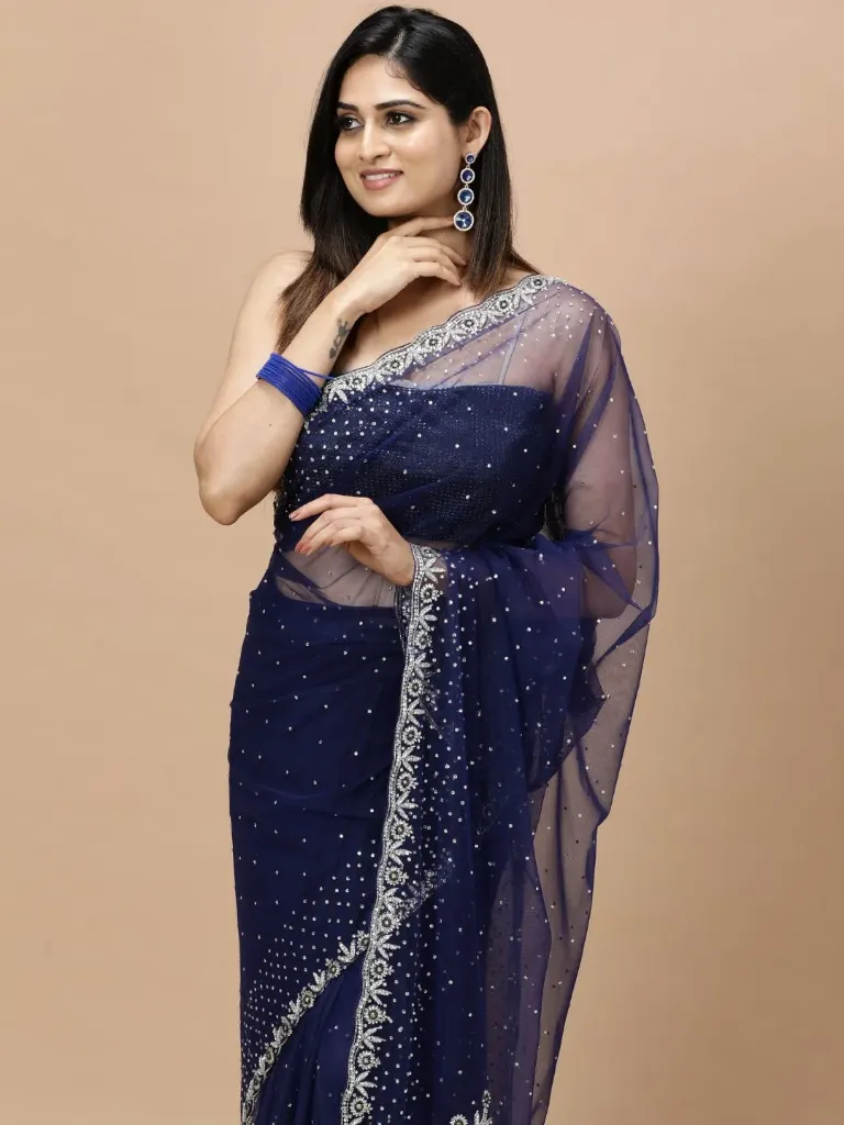 [VC26-NISA-D08-01] Vervee Couture Deep Berry Blue Net Saree | Nisa