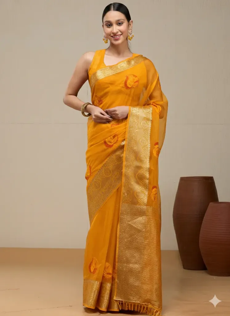 [VC26-ARVI-D65-05] Vervee Couture Mustard Yellow Silk Cotton Saree | Arvi