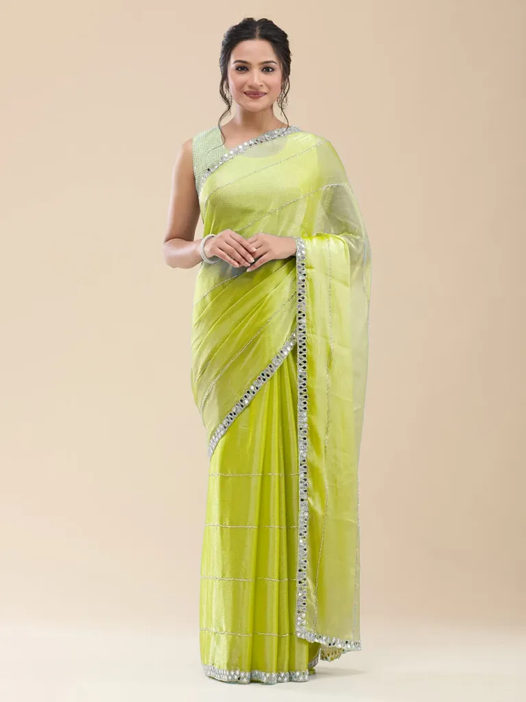 Vervee Couture Light Olive Green Organza Saree | Neerja