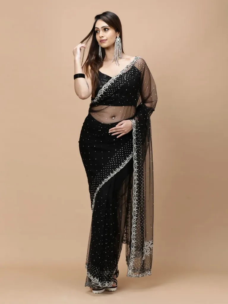 [VC26-NISA-D08-02] Vervee Couture Jet Black Net Saree | Nisa