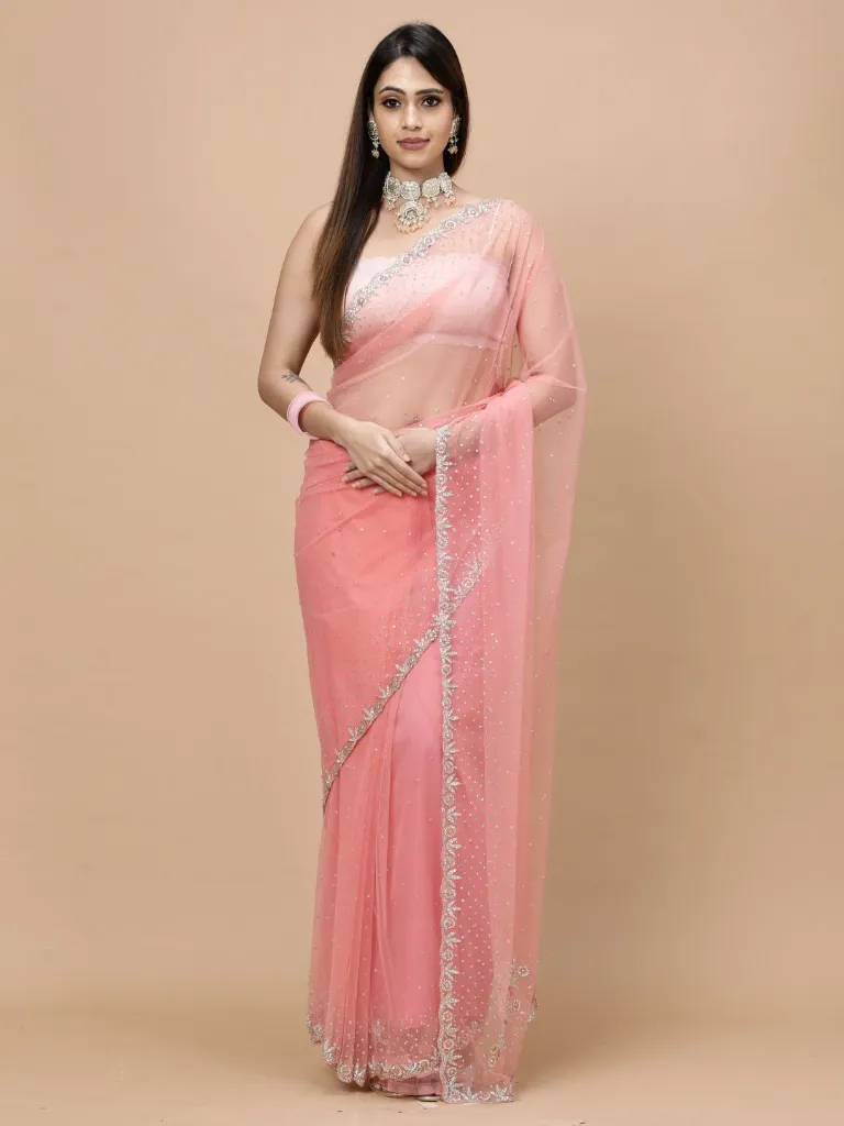 [VC26-NISA-D08-04] Vervee Couture Soft Rose Pink Net Saree | Nisa