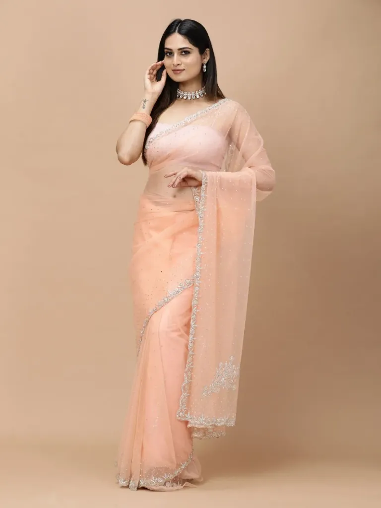 Vervee Couture Soft Peach Apricot Net Saree | Nisa