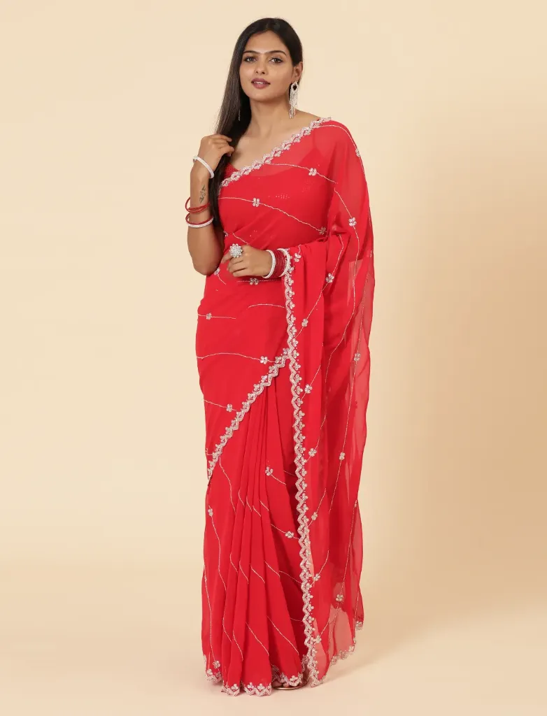 Vervee Couture Classic Red Georgette Saree | Evara