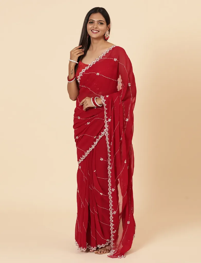 Vervee Couture Dark Red Georgette Saree | Evara
