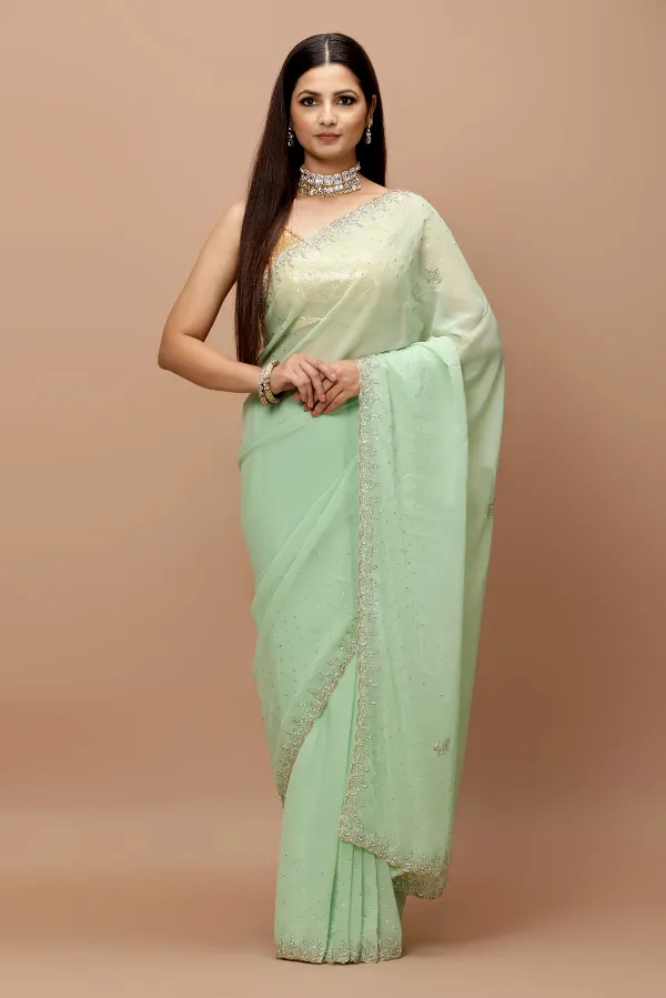 [VC25-NAZ-D01-01] Vervee Couture Seaform Green  Georgette Saree | Naz