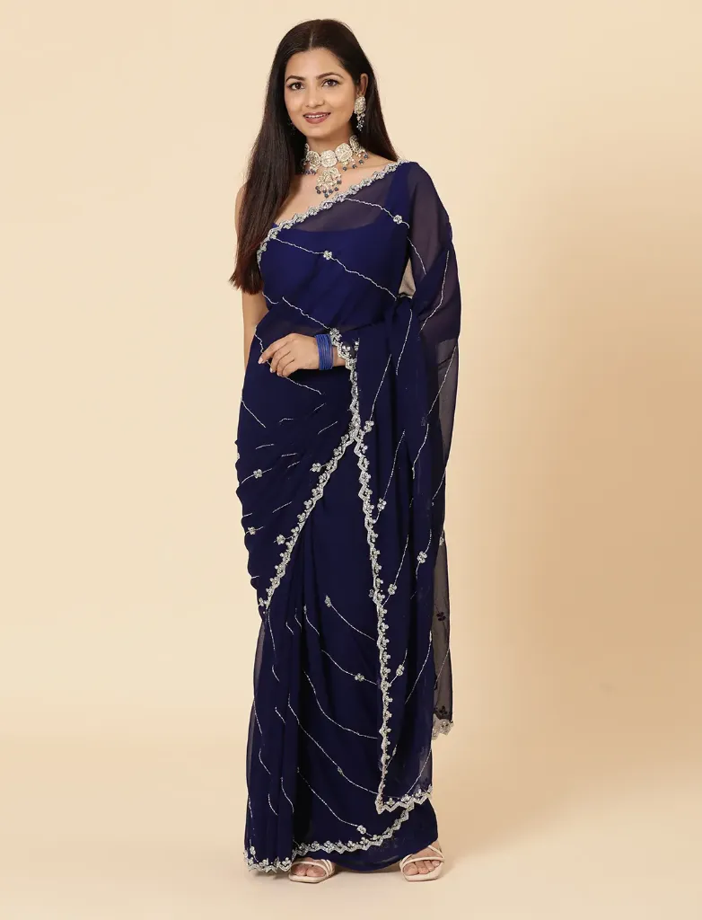 Vervee Couture Navy Blue Georgette Saree | Evara