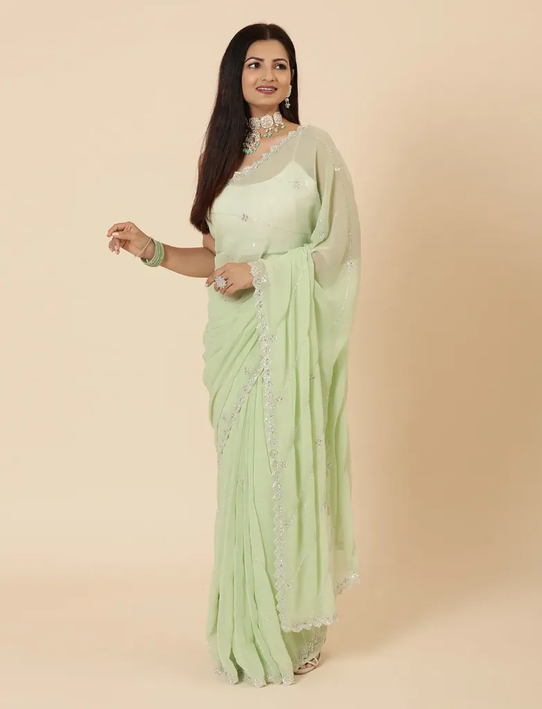 Vervee Couture Light Green Georgette Saree | Evara