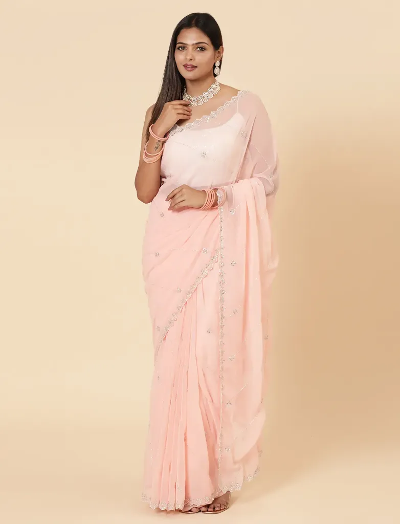 Vervee Couture Peach Georgette Saree | Evara