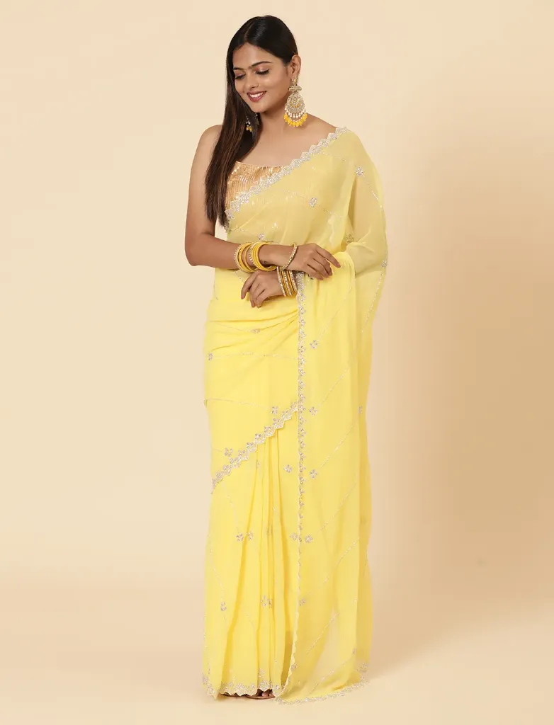 [VC26-EVARA-D10-06] Vervee Couture Pastel Yellow Georgette Saree | Evara