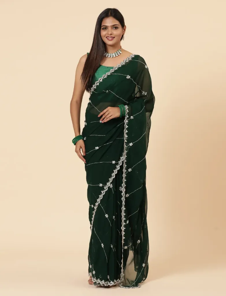 Vervee Couture Dark Green Georgette Saree | Evara