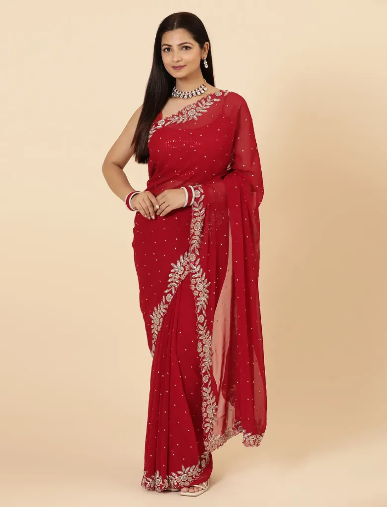 [VC26-KAI-D11-02] Vervee Couture Dark Red Georgette Saree | Kai