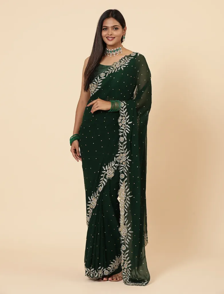 [VC26-KAI-D11-03] Vervee Couture Dark Green Georgette Saree | Kai