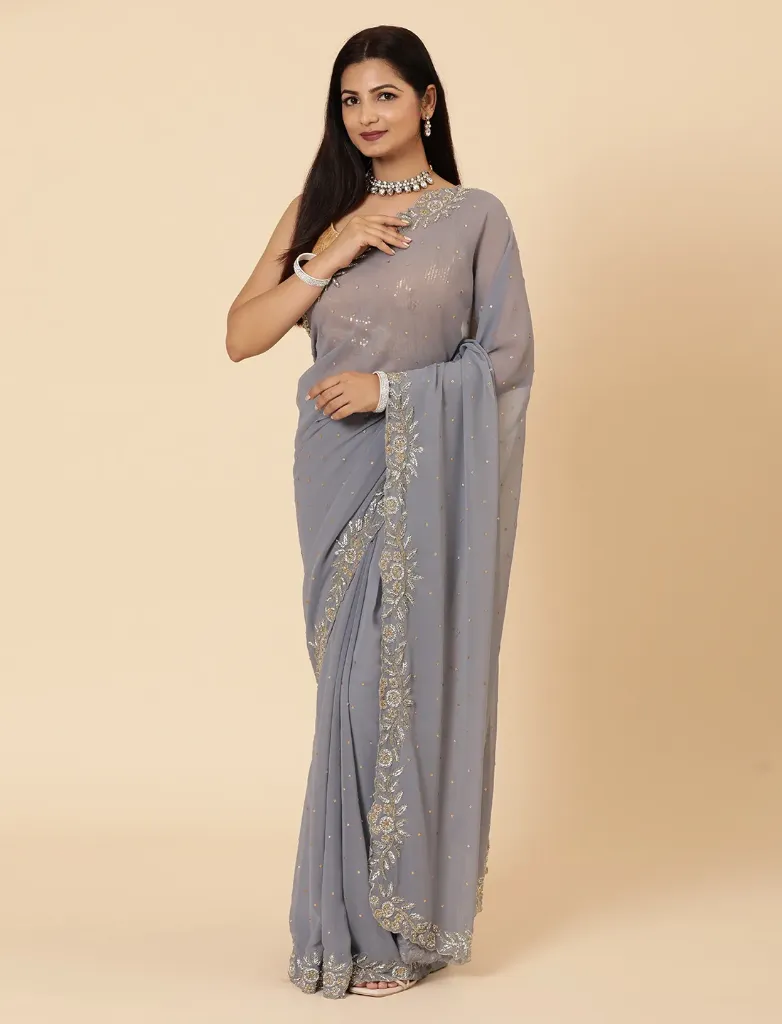 Vervee Couture Soft Stone Grey Georgette Saree | Kai