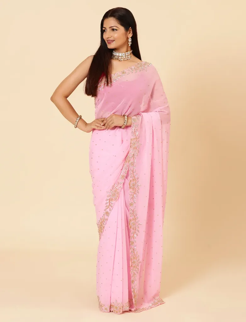 [VC26-KAI-D11-05] Vervee Couture Light Pink Georgette Saree | Kai
