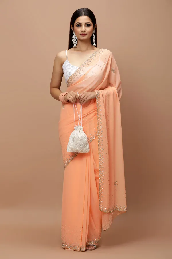 [VC25-NAZ-D01-02] Vervee Couture Peach Georgette Saree | Naz