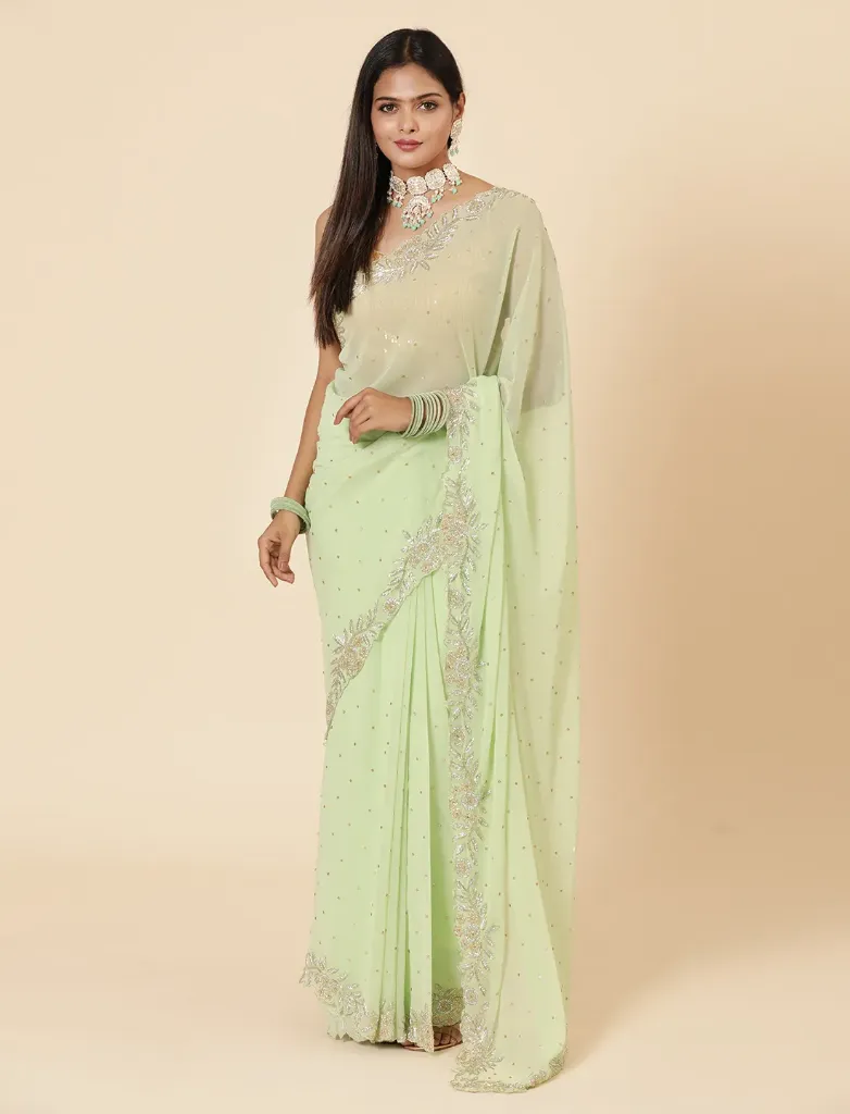 Vervee Couture Soft Pastel Green Georgette Saree | Kai