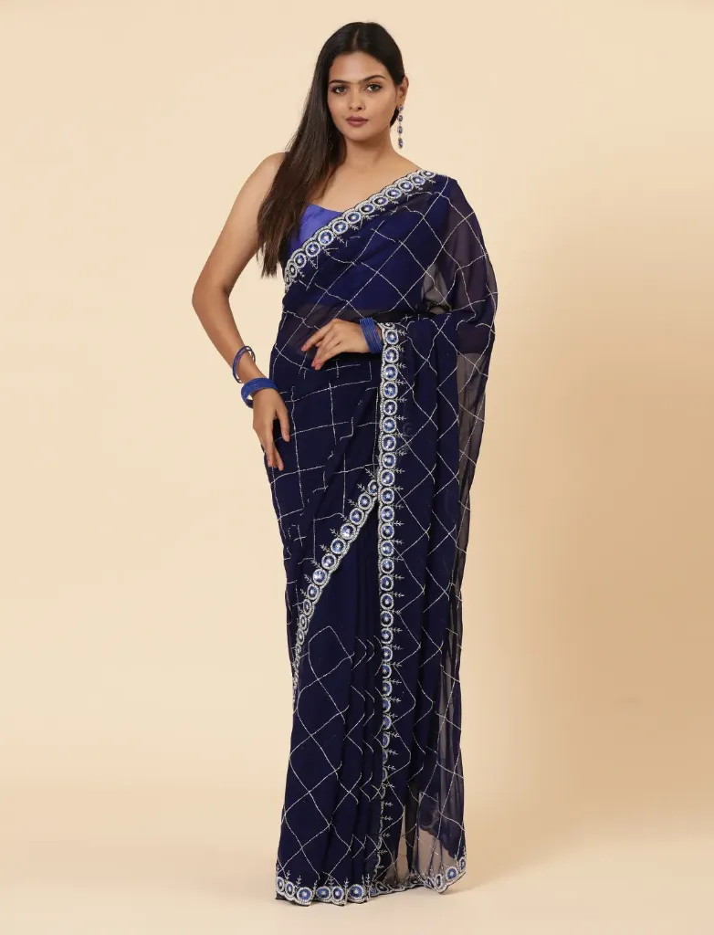 [VC26-INARA-D12-03] Vervee Couture Navy Blue Georgette Saree | Inara