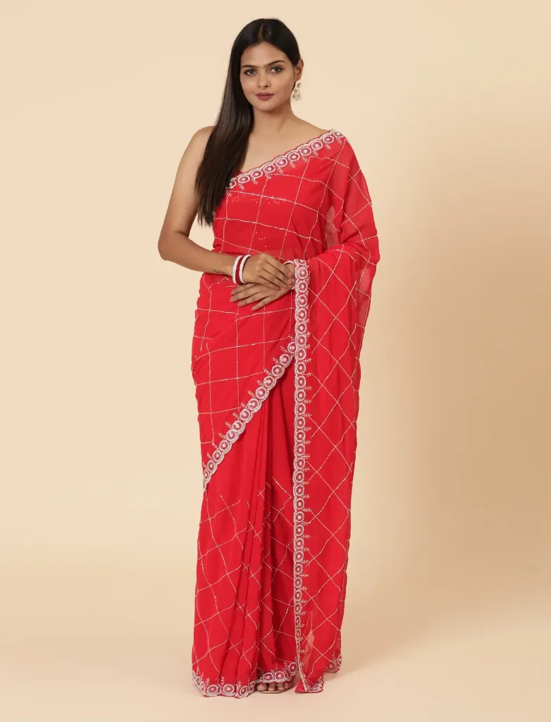 [VC26-INARA-D12-04] Vervee Couture Blood Red Georgette Saree | Inara