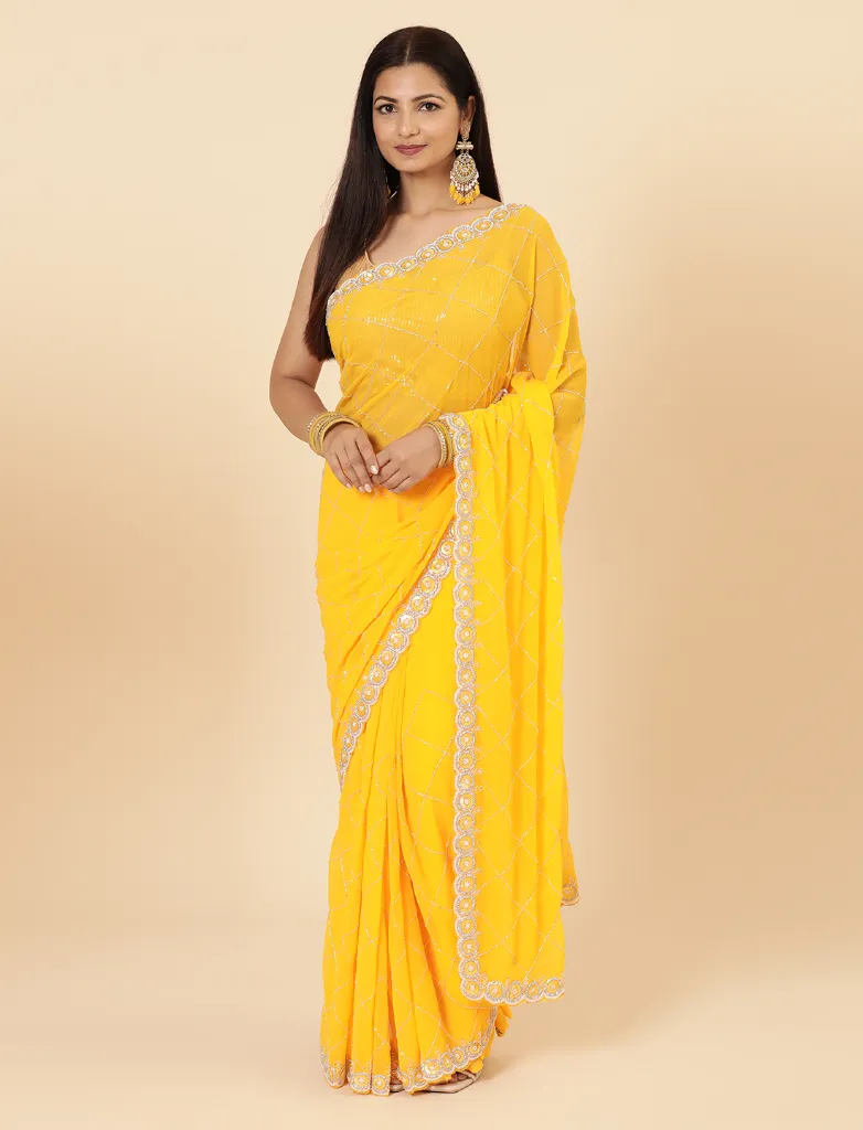 [VC26-INARA-D12-01] Vervee Couture Golden Yellow Georgette Saree | Inara
