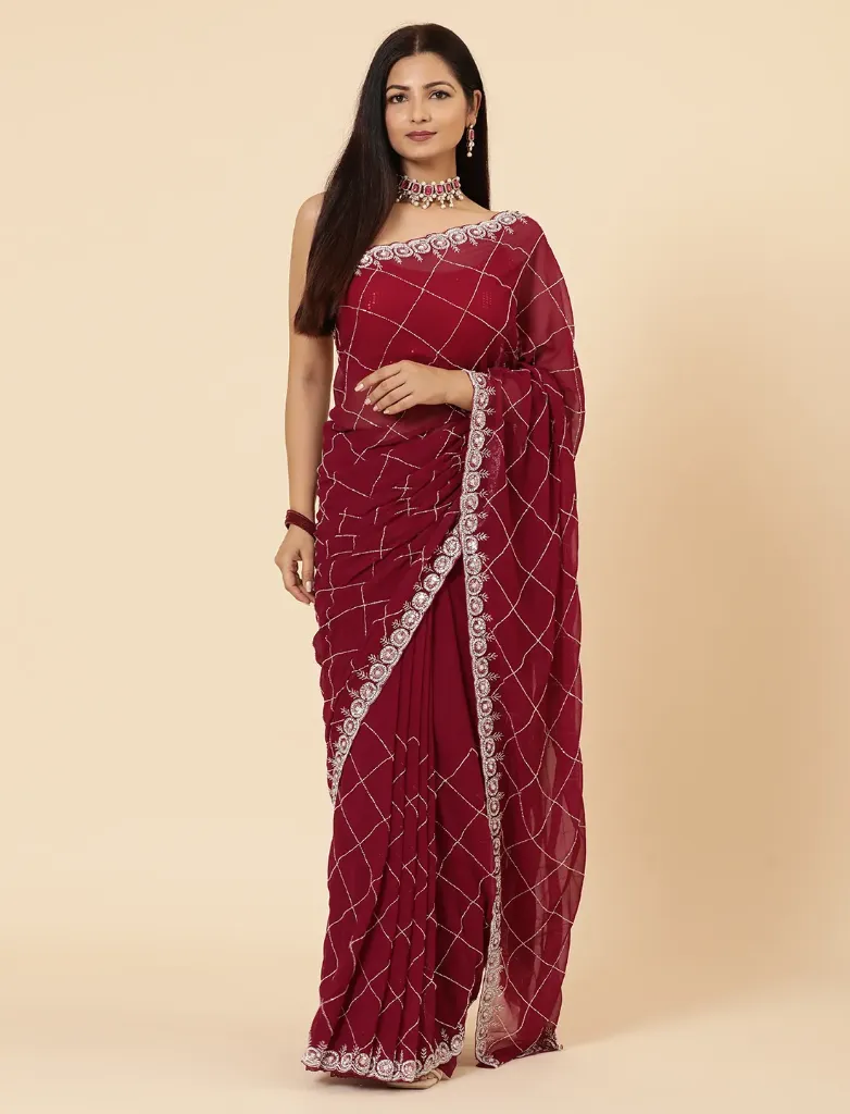 Vervee Couture Deep Wine Burgundy Georgette Saree | Inara