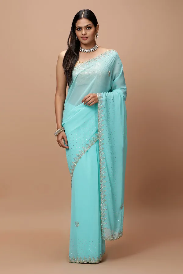 [VC25-NAZ-D01-03] Vervee Couture Azure Blue Georgette Saree | Naz