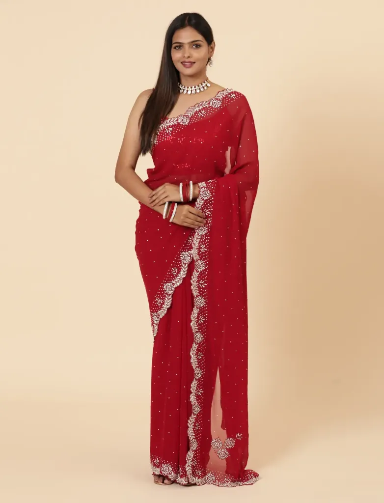 [VC26-KHAZA-D14-01] Vervee Couture Barn Red Georgette Saree | Khaza