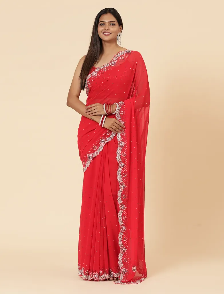 Vervee Couture Classic Red Georgette Saree | Khaza