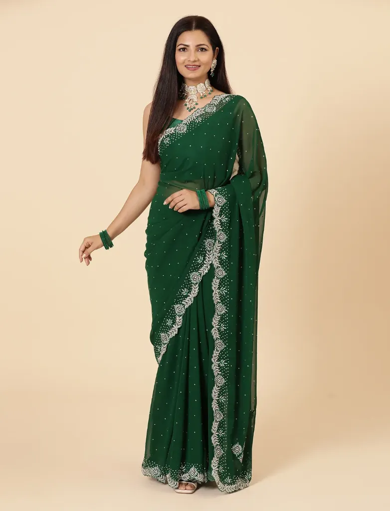 [VC26-KHAZA-D14-03] Vervee Couture Dark Green Georgette Saree | Khaza