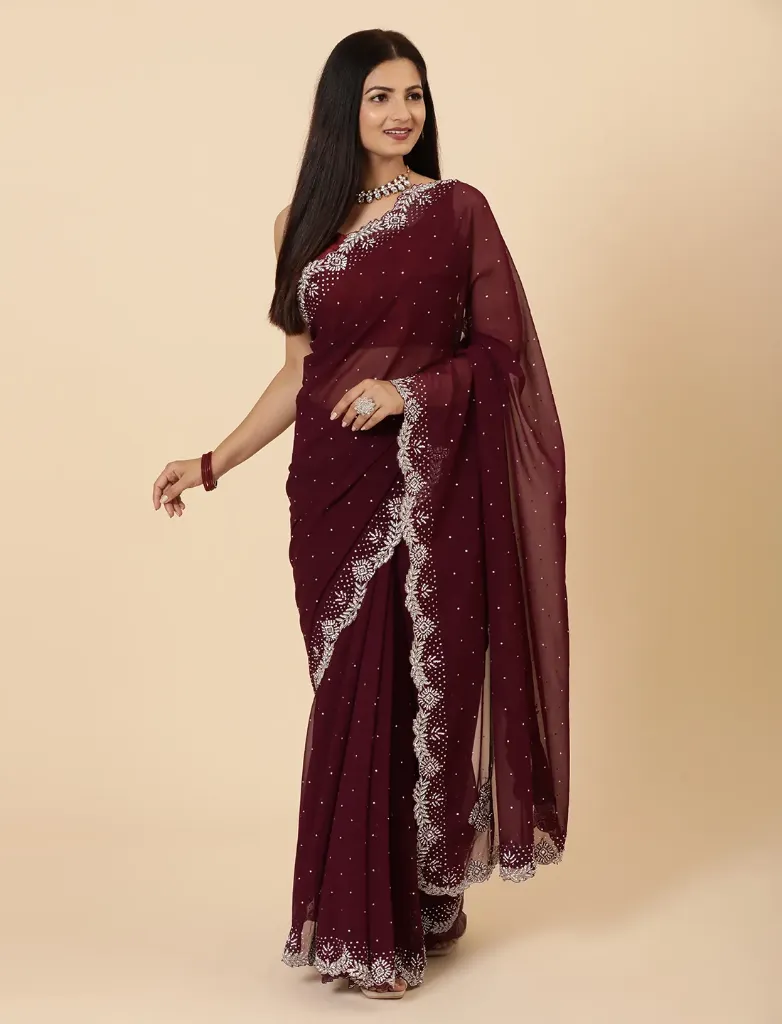 Vervee Couture Royal Purple Georgette Saree | Khaza