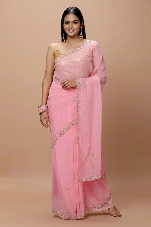[VC25-NAZ-D01-04] Vervee Couture Pastel Pink Georgette Saree | Naz