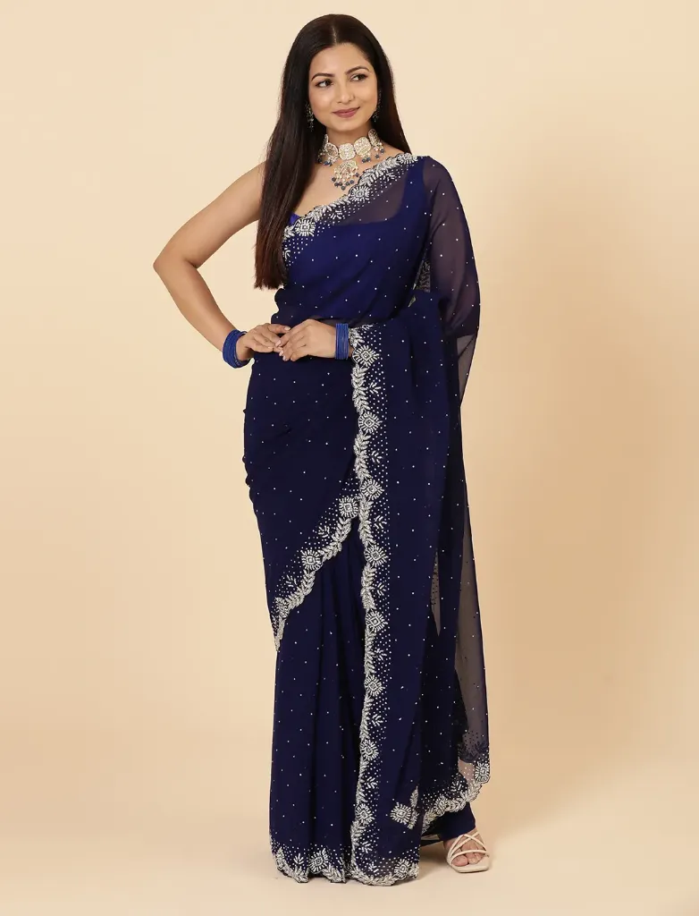 Vervee Couture Classic Navy Blue Georgette Saree | Khaza