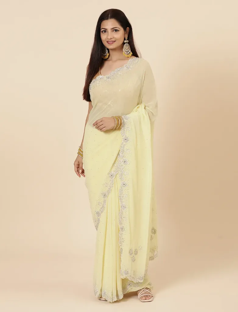 [VC26-KHAZA-D14-06] Vervee Couture Soft Pastel Yellow Georgette Saree | Khaza