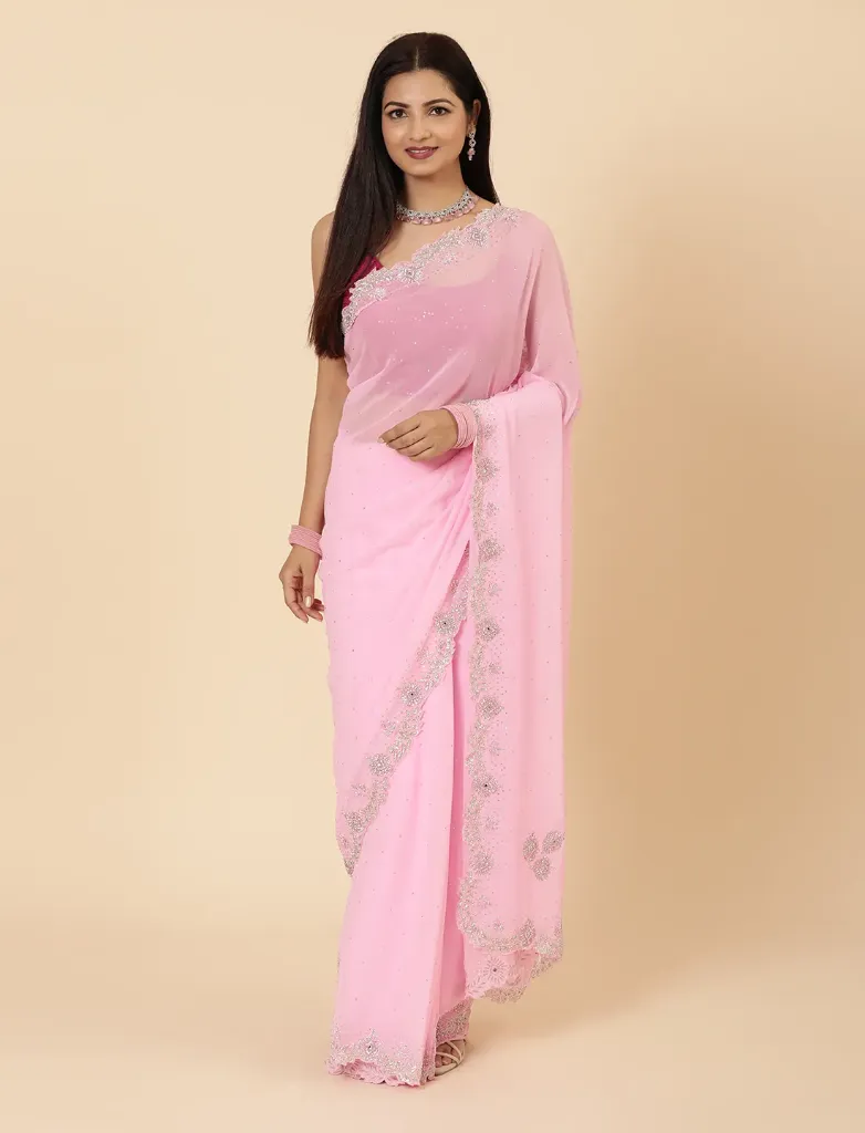 Vervee Couture Soft Rose Pink Georgette Saree | Khaza