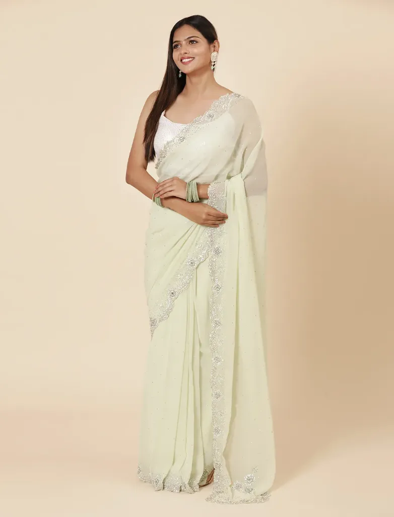 Vervee Couture Soft Pastel Green Georgette Saree | Khaza