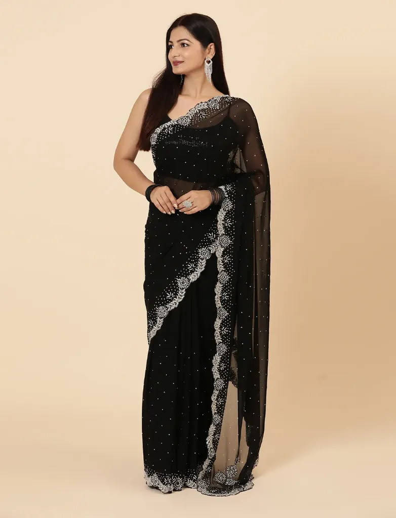 [VC26-KHAZA-D14-09] Vervee Couture Black Georgette Saree | Khaza