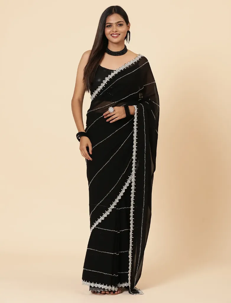 [VC26-AIRA-D15-01] Vervee Couture Black Georgette Saree | Aira